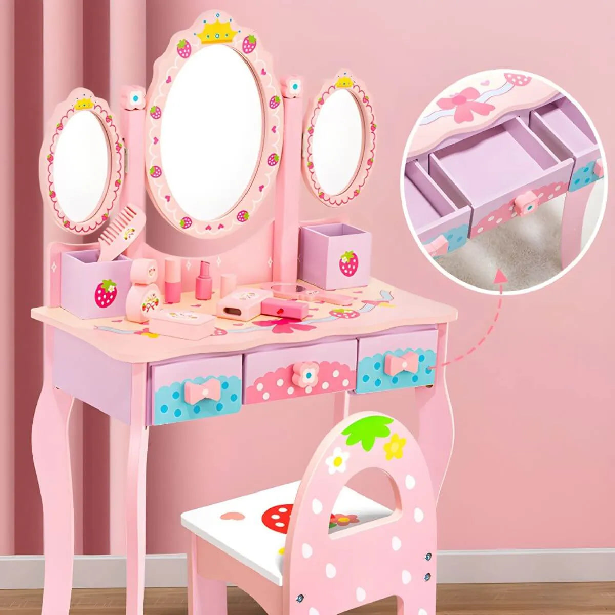 Princess-Themed Wooden Kids Vanity Set with Mirror and Storage