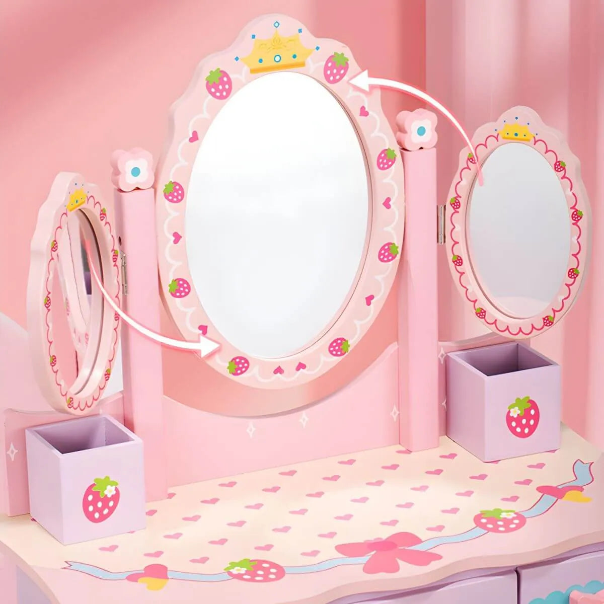 Princess-Themed Wooden Kids Vanity Set with Mirror and Storage
