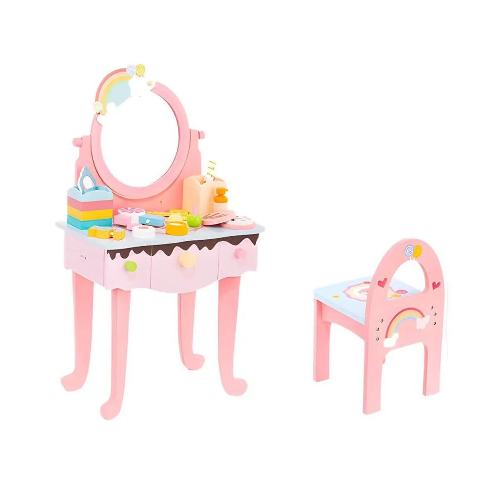 Princess-Themed Wooden Kids Vanity Set with Mirror and Storage
