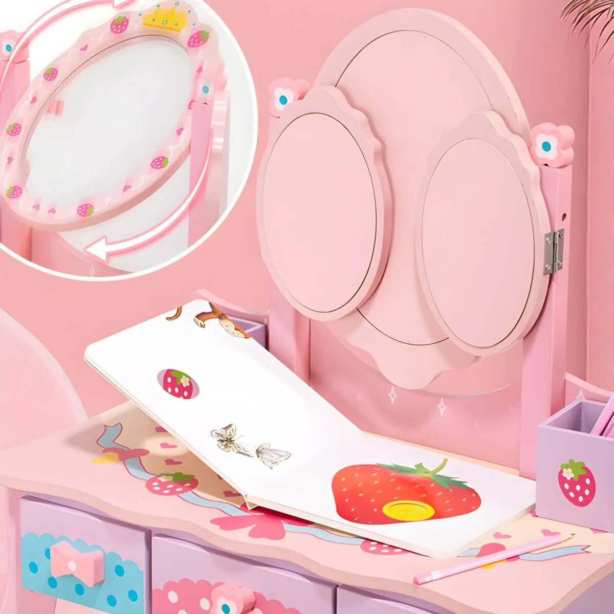 Princess-Themed Wooden Kids Vanity Set with Mirror and Storage