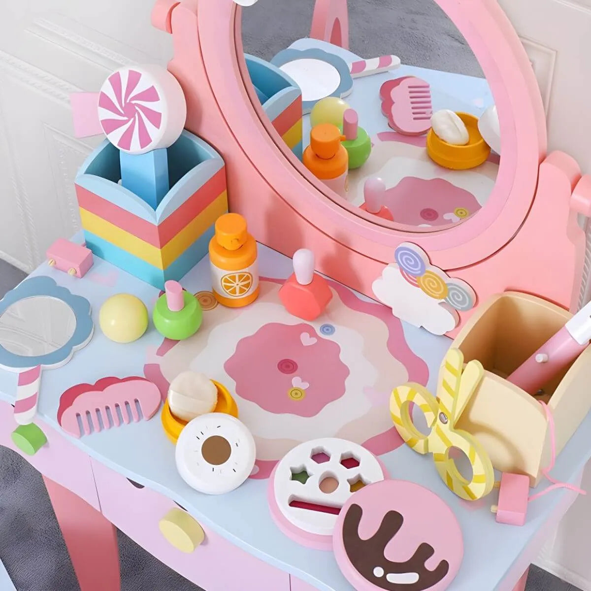 Princess-Themed Wooden Kids Vanity Set with Mirror and Storage