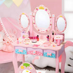 Princess-Themed Wooden Kids Vanity Set with Mirror and Storage