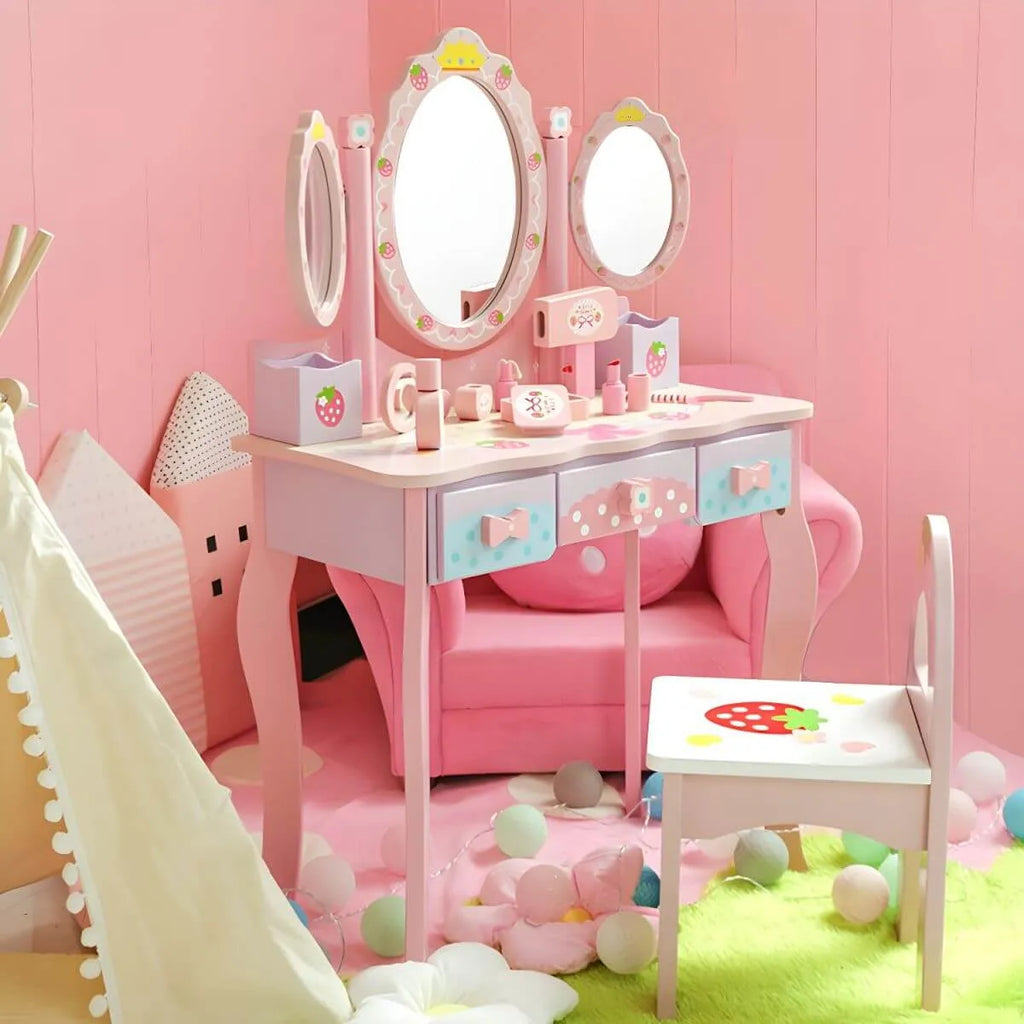 Princess-Themed Wooden Kids Vanity Set with Mirror and Storage