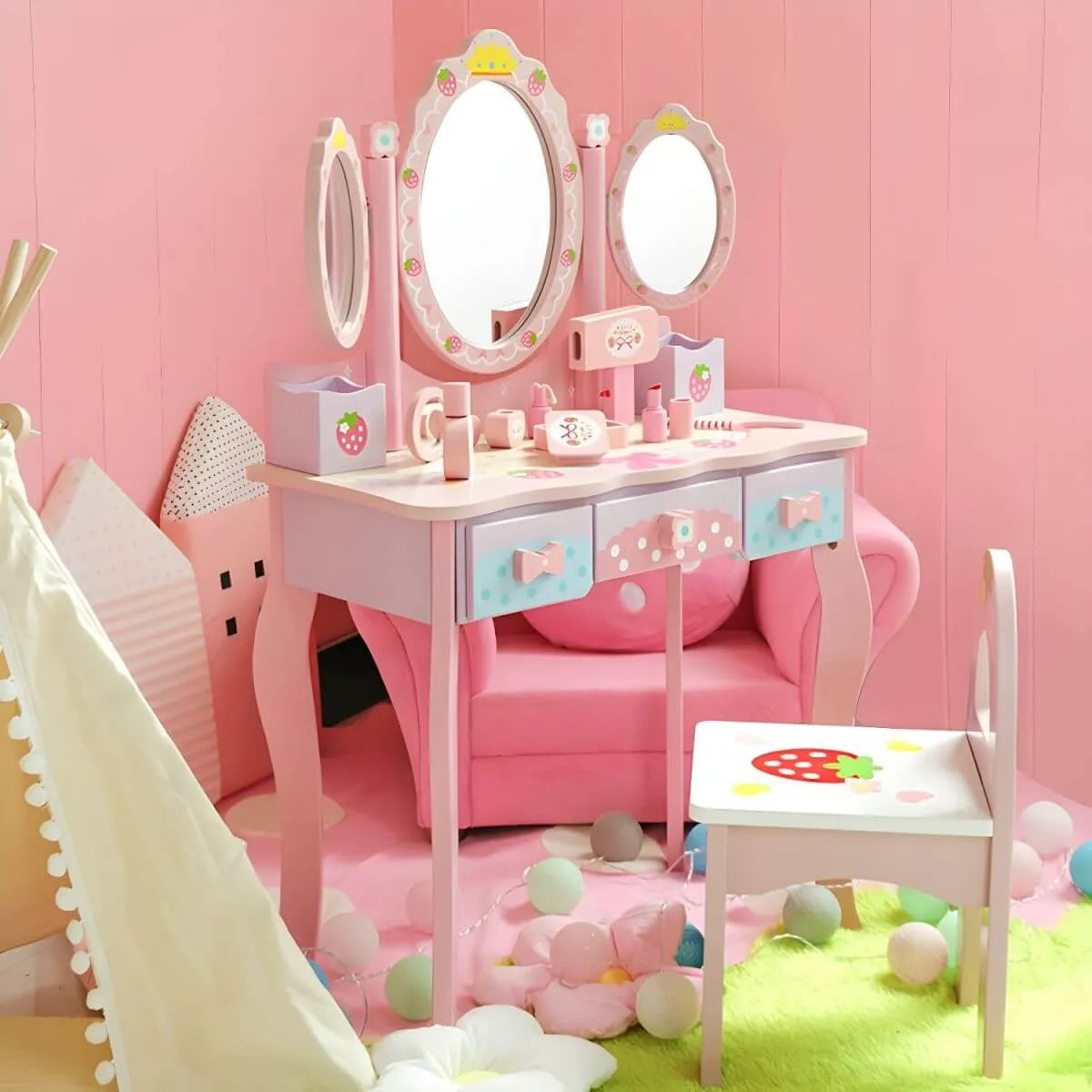 Princess-Themed Wooden Kids Vanity Set with Mirror and Storage