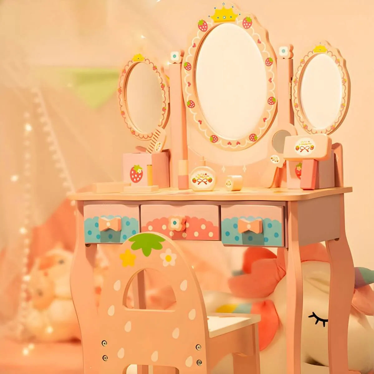 Princess-Themed Wooden Kids Vanity Set with Mirror and Storage