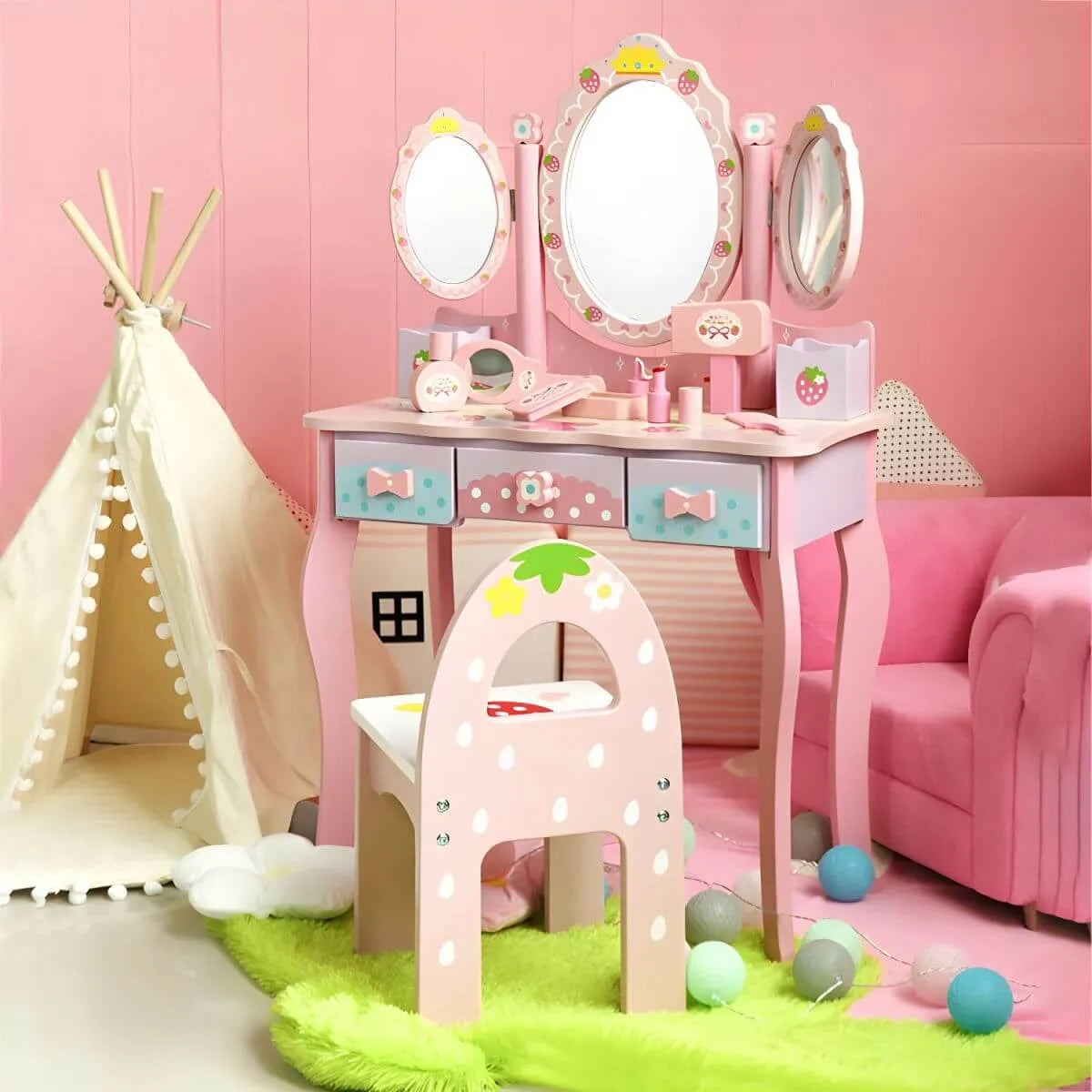 Princess-Themed Wooden Kids Vanity Set with Mirror and Storage
