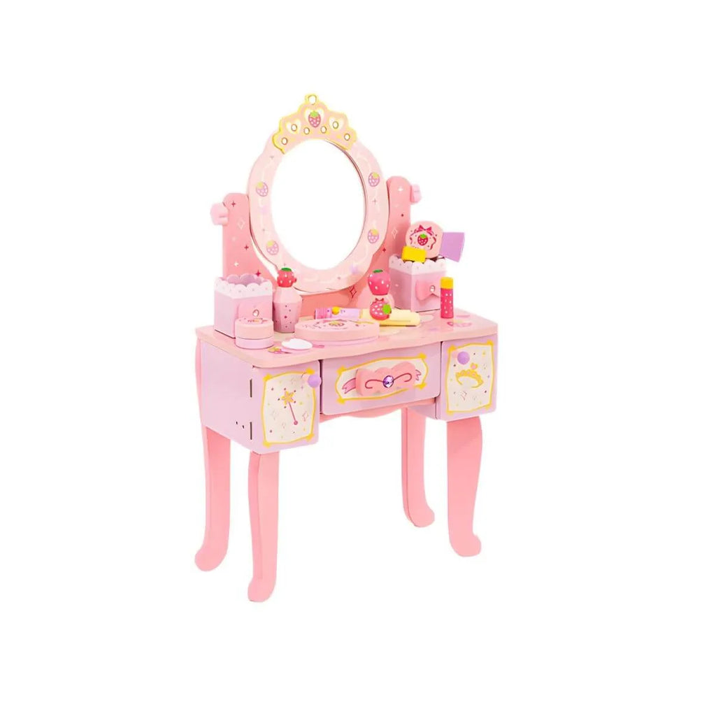Princess-Themed Wooden Kids Vanity Set with Mirror and Storage