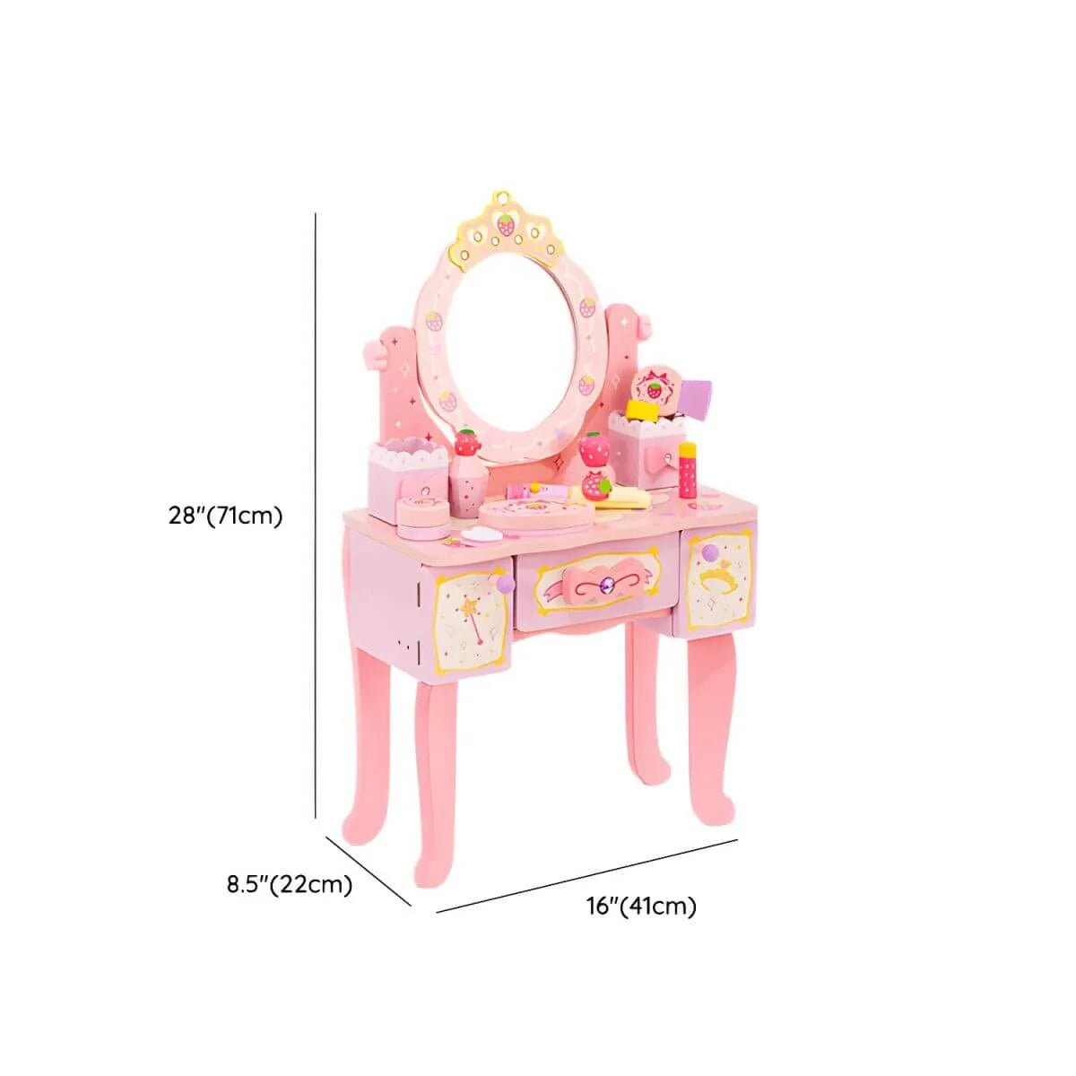 Princess-Themed Wooden Kids Vanity Set with Mirror and Storage Dimensions