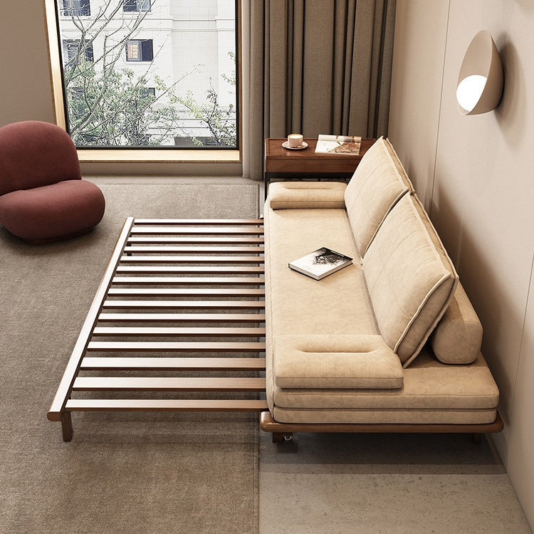Modern Nordic khaki solid wood sofa bed with pull out feature and convertible sleeper design