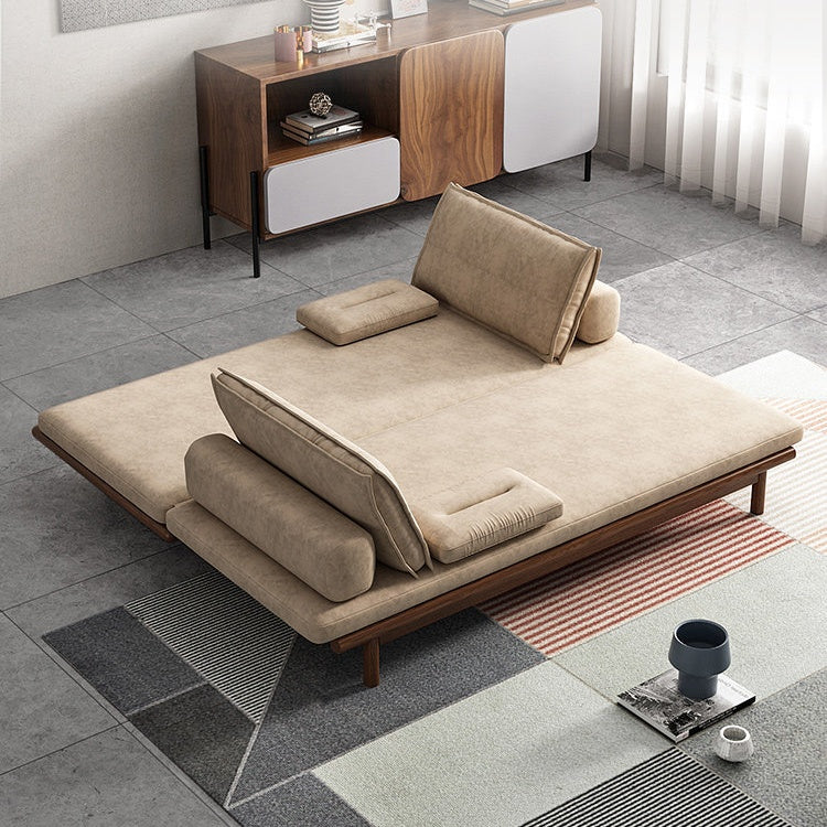 Modern Nordic Pull Out Wood Sofa Bed Khaki Solid Wood Convertible Sleeper Sofa Cotton & Linen Secondary image