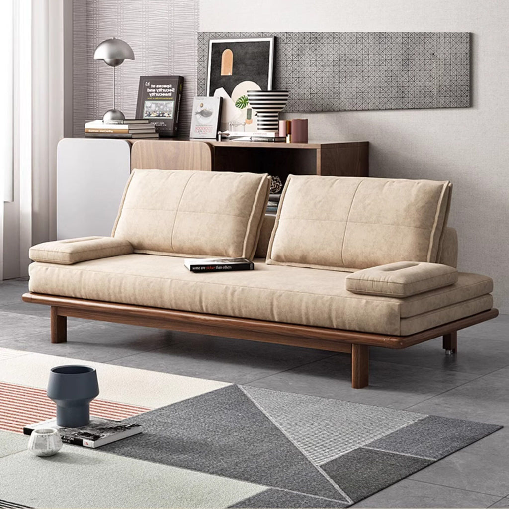 Modern Nordic khaki solid wood sofa bed with pull out feature and convertible sleeper design