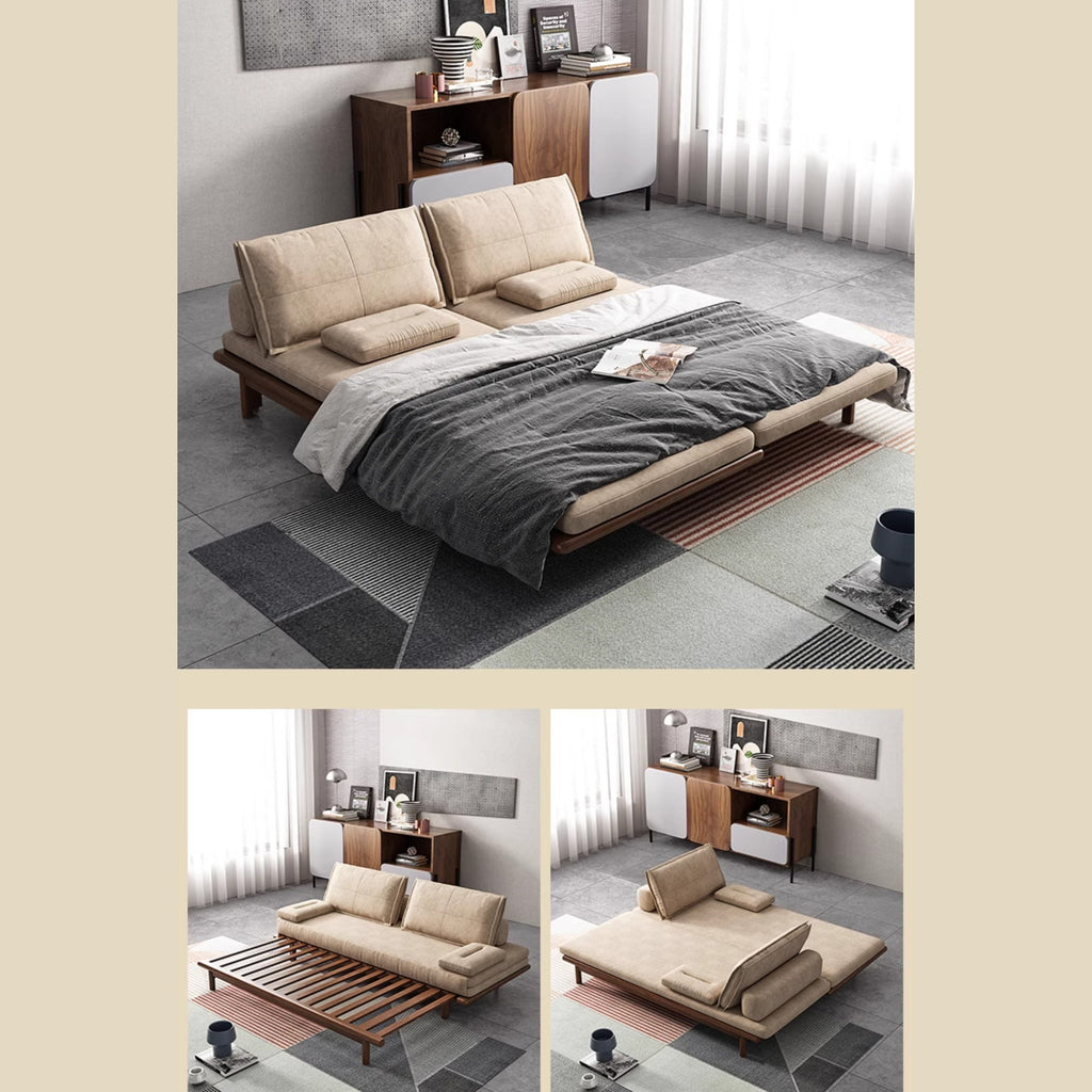 Modern Nordic khaki solid wood sofa bed with pull out feature and convertible sleeper design