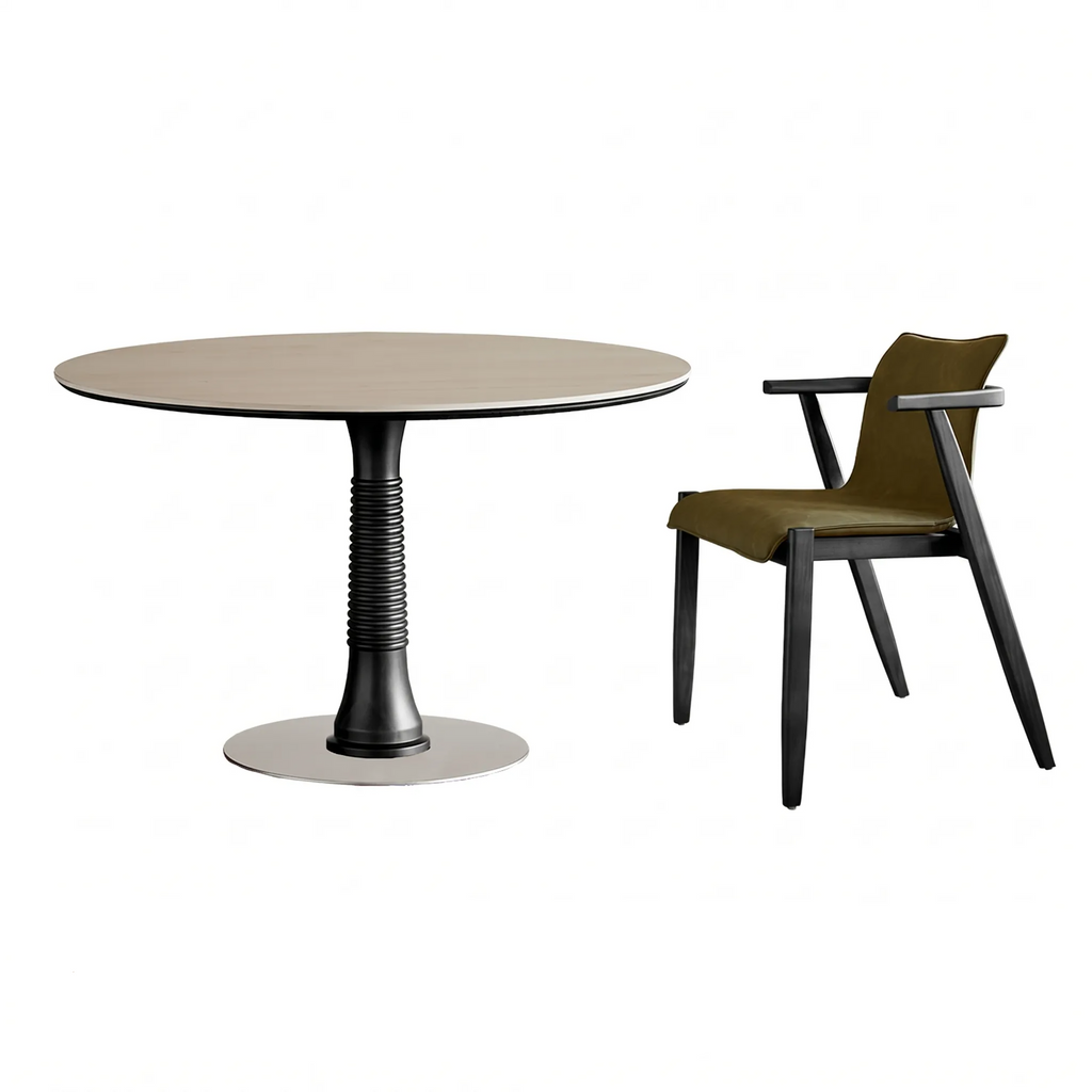 Travertine Sintered Stone Dining Table with Sculptural Ash Wood Base