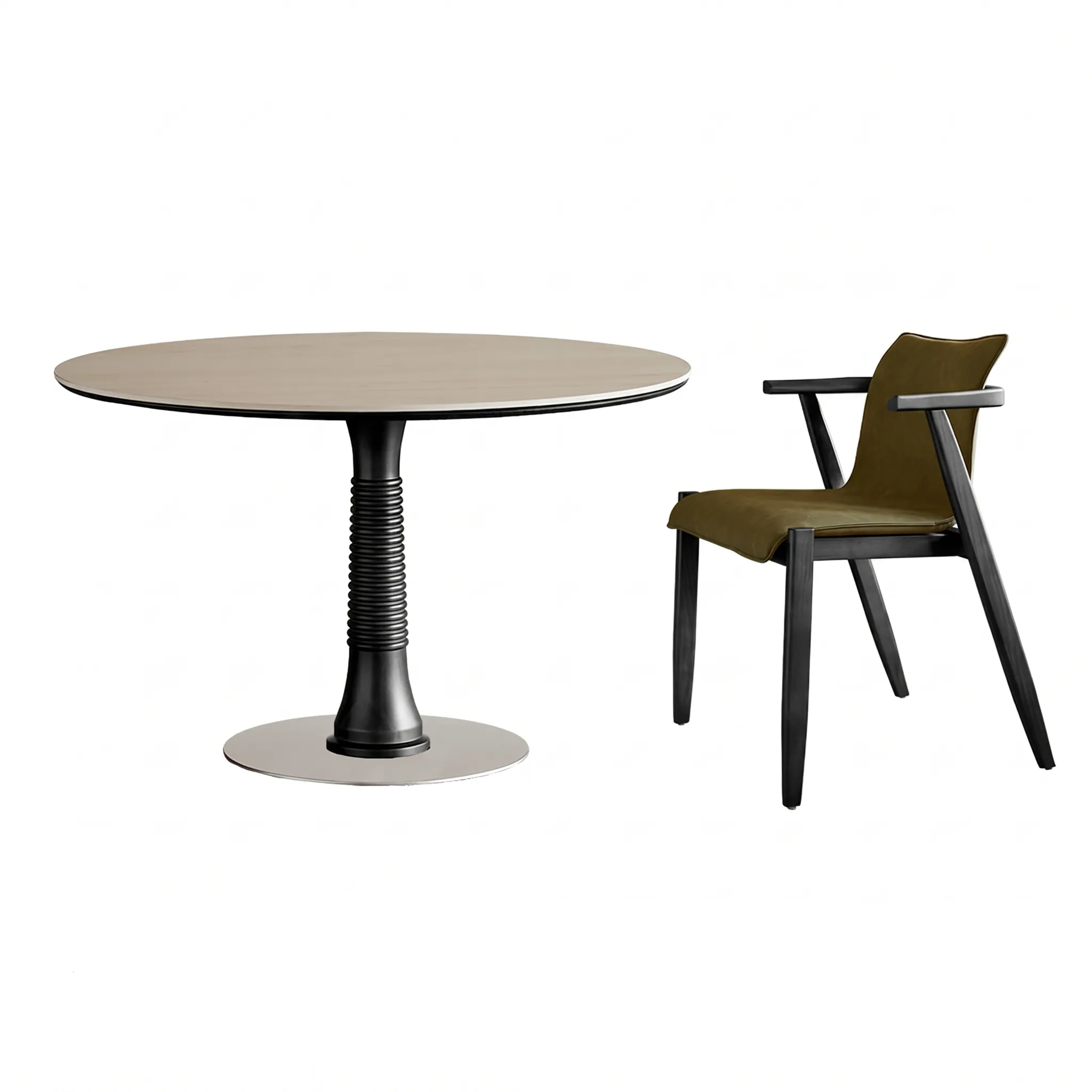 Travertine Sintered Stone Dining Table with Sculptural Ash Wood Base