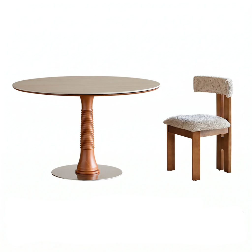 Travertine Sintered Stone Dining Table with Sculptural Ash Wood Base