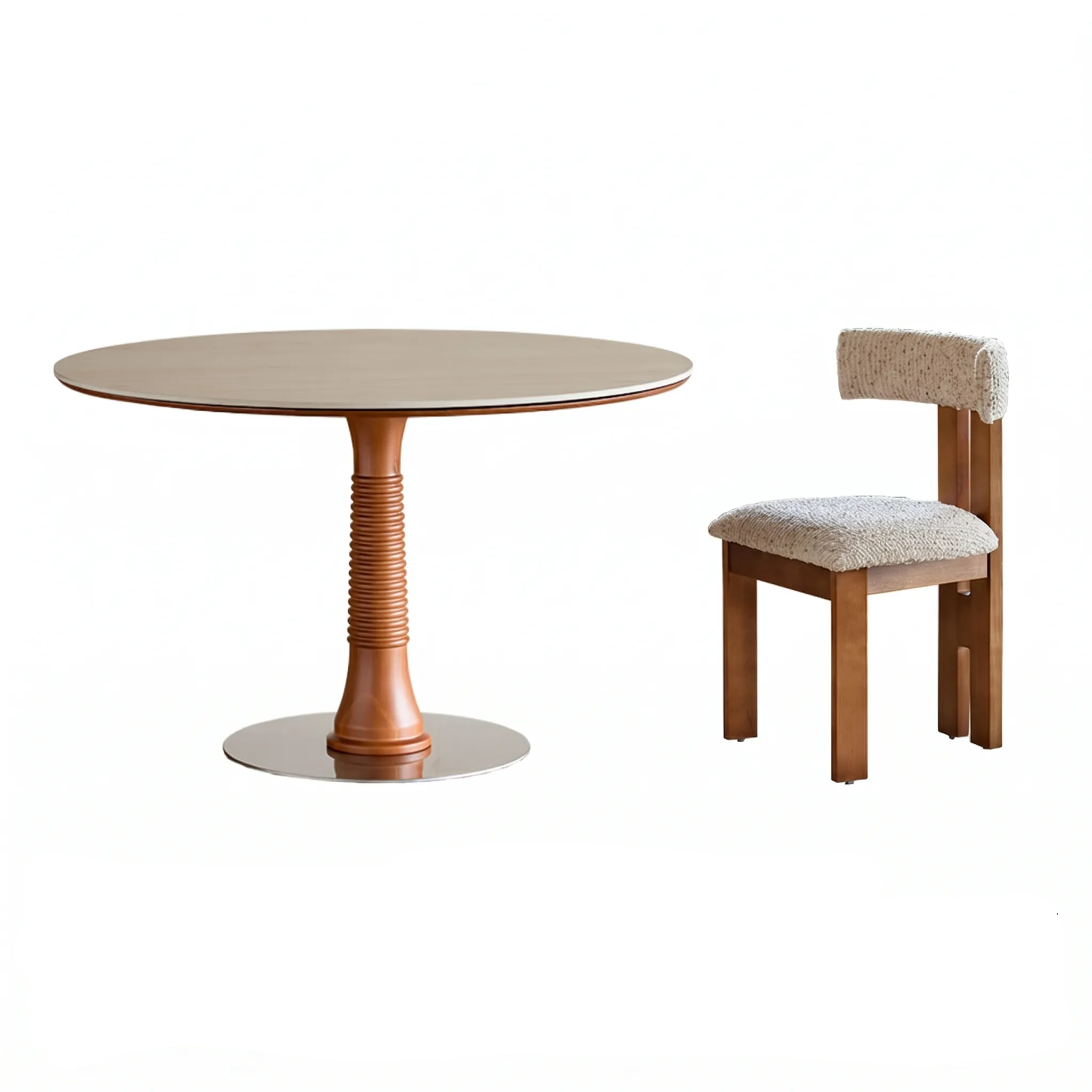 Travertine Sintered Stone Dining Table with Sculptural Ash Wood Base
