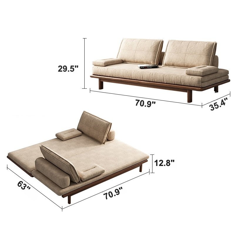 Khaki solid wood convertible sleeper sofa with pull out feature in modern Nordic design