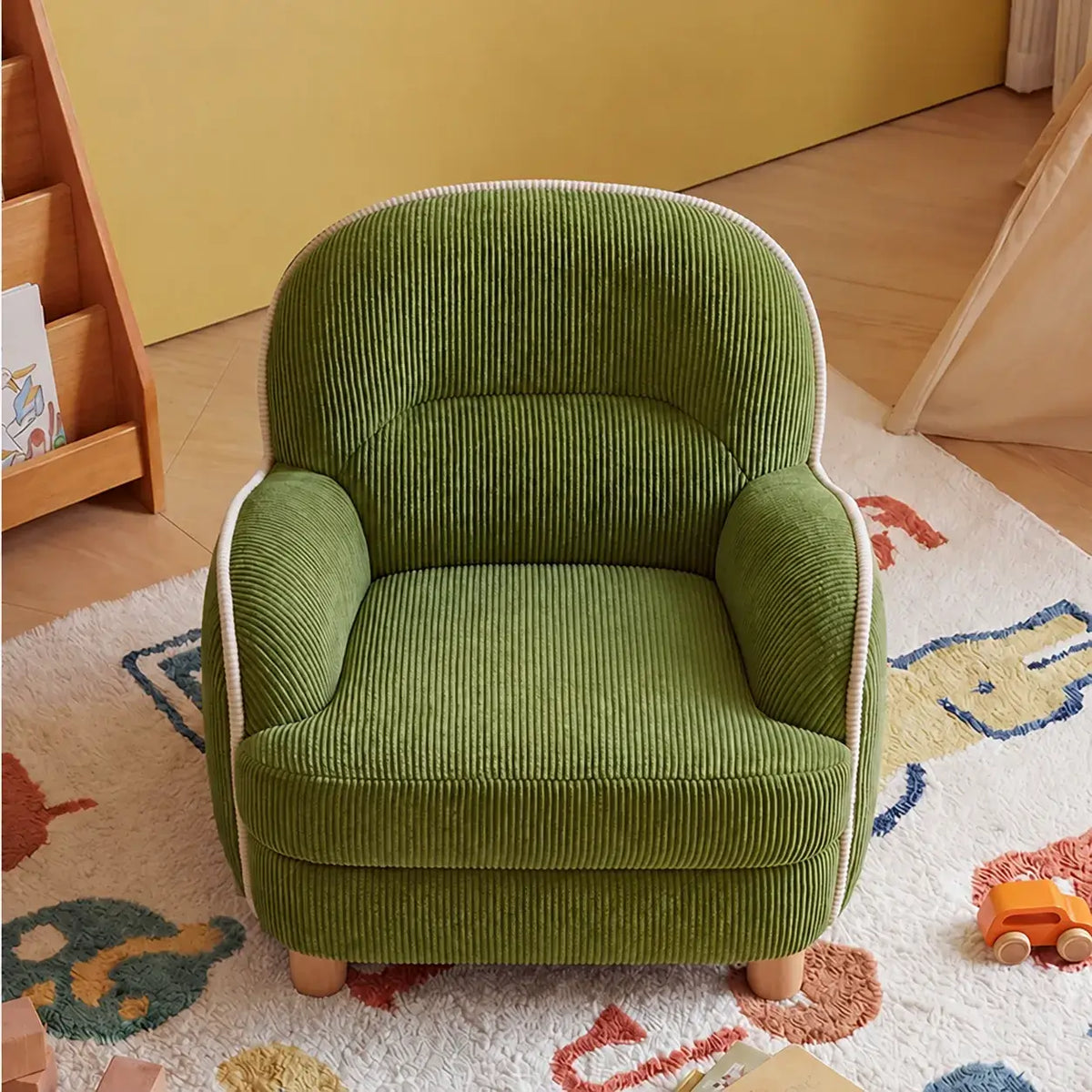 Pudding Kids Accent Chair With Embracing Back and Soft Plaid Upholstery