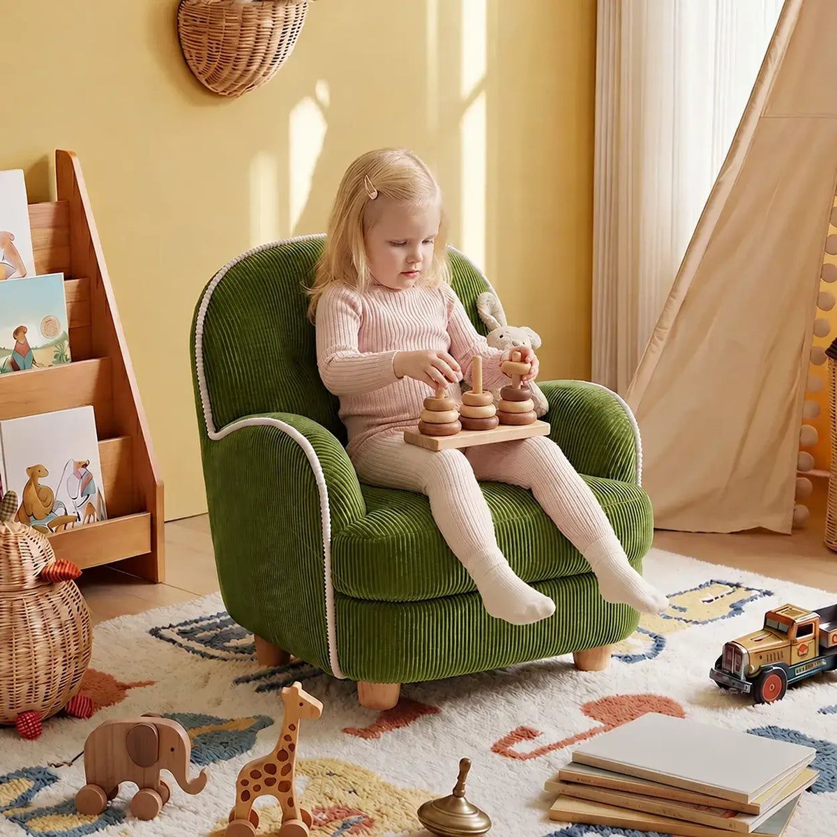 Pudding Kids Accent Chair With Embracing Back and Soft Plaid Upholstery