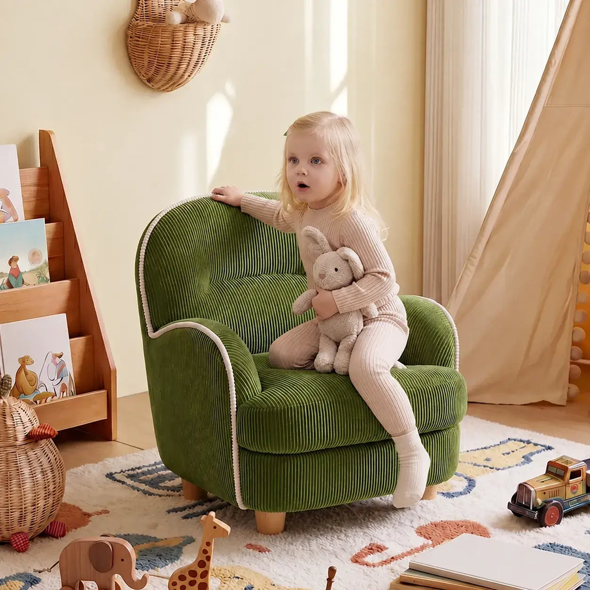 Pudding Kids Accent Chair With Embracing Back and Soft Plaid Upholstery