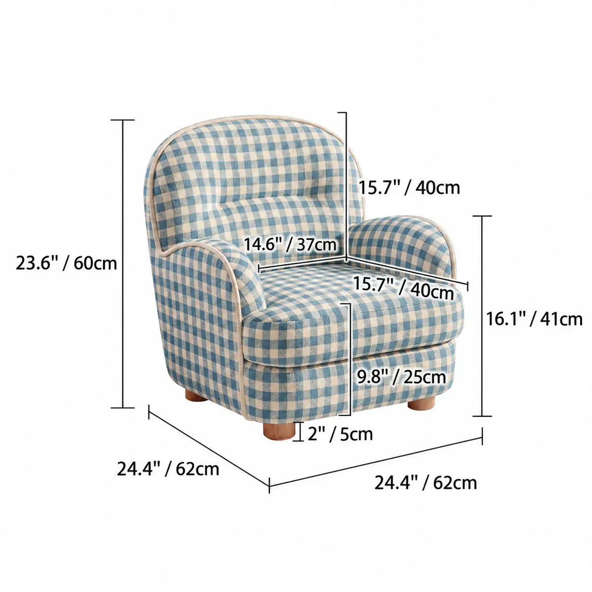 Pudding Kids Accent Chair With Embracing Back and Soft Plaid Upholstery Dimensions