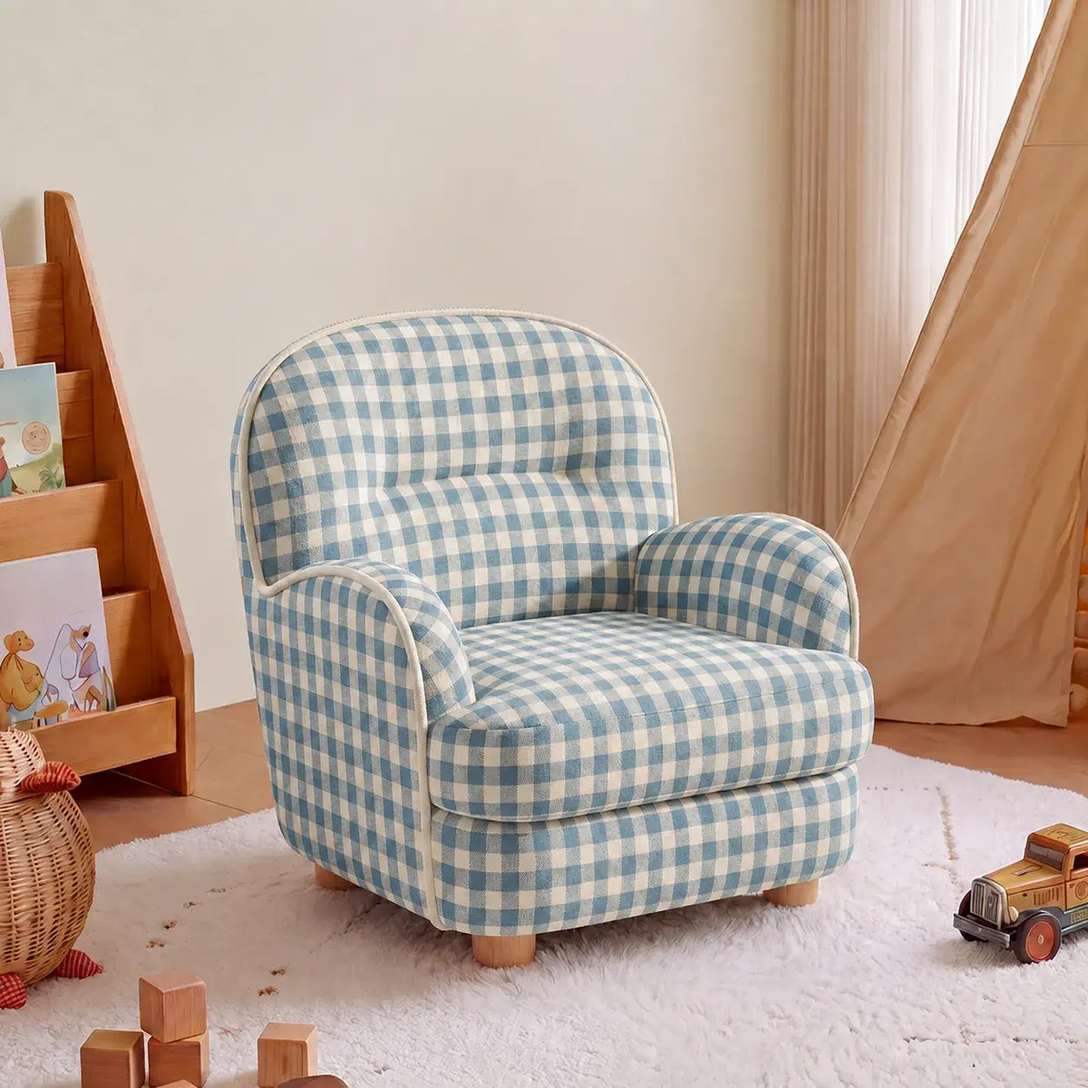 Pudding Kids Accent Chair With Embracing Back and Soft Plaid Upholstery Main Product Image Main image