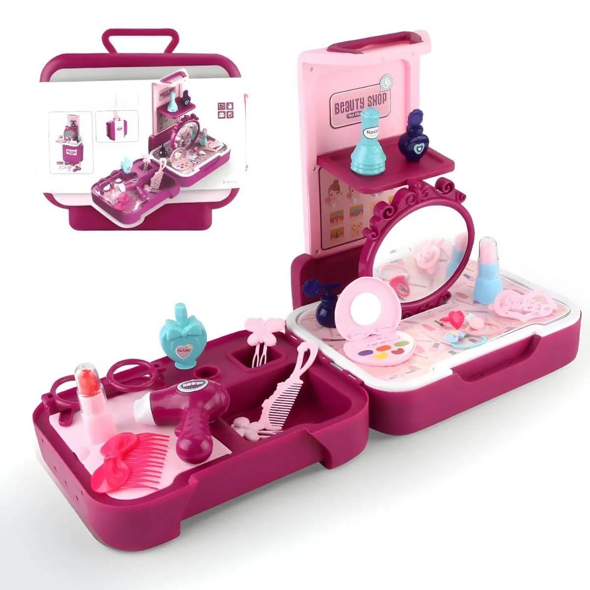 Purple Plastic Carriage-Style Kids Makeup Vanity with Mirror & Storage