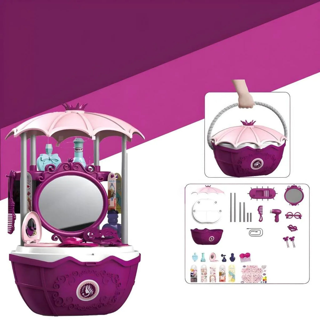 Purple Plastic Carriage-Style Kids Makeup Vanity with Mirror & Storage