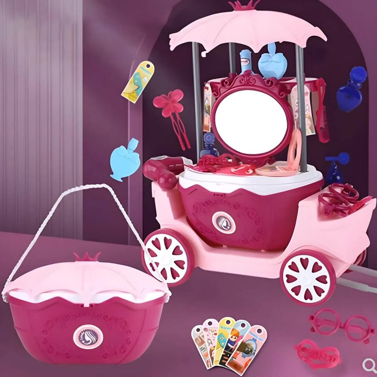 Purple Plastic Carriage-Style Kids Makeup Vanity with Mirror & Storage