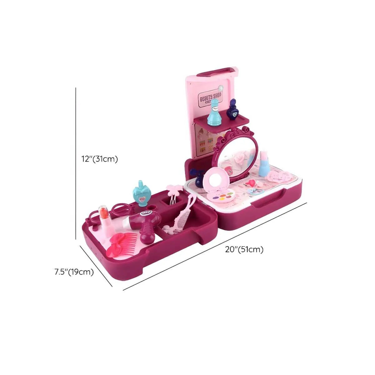 Purple Plastic Carriage-Style Kids Makeup Vanity with Mirror & Storage Dimensions