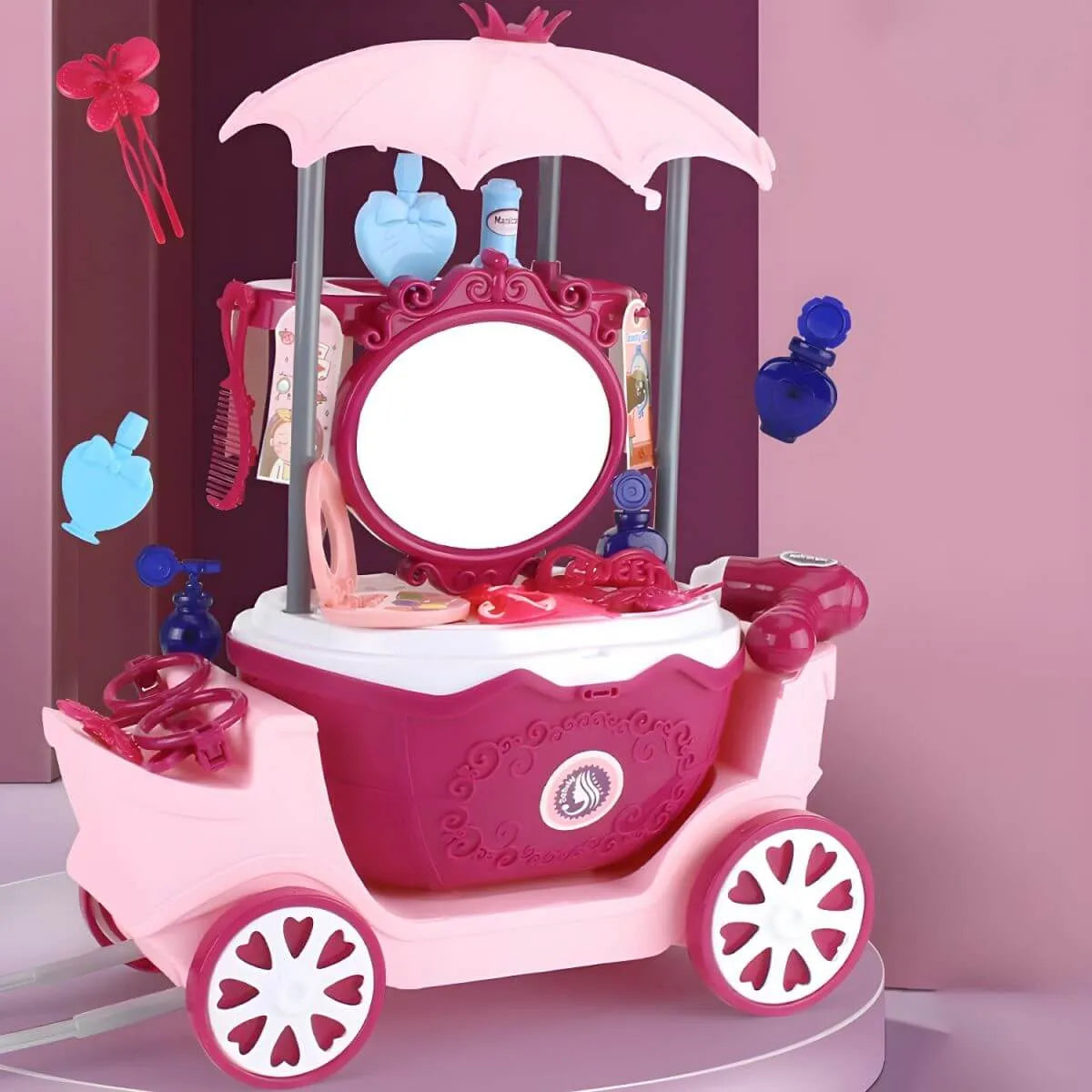 Purple Plastic Carriage-Style Kids Makeup Vanity with Mirror & Storage Main Product Image Image principale du produit