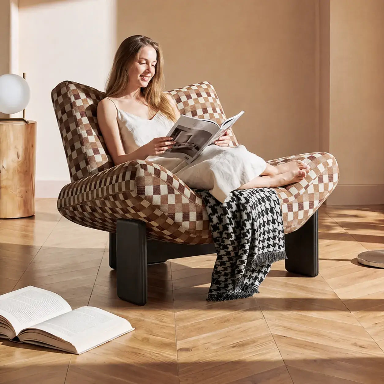 Purple Sculptural Emmi Chair in Teddy Fabric with Ash Wood Frame