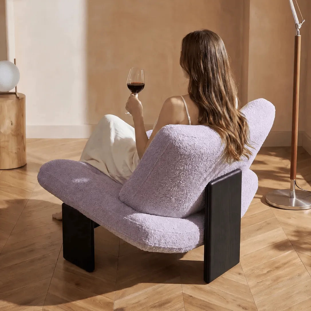 Purple Sculptural Emmi Chair in Teddy Fabric with Ash Wood Frame