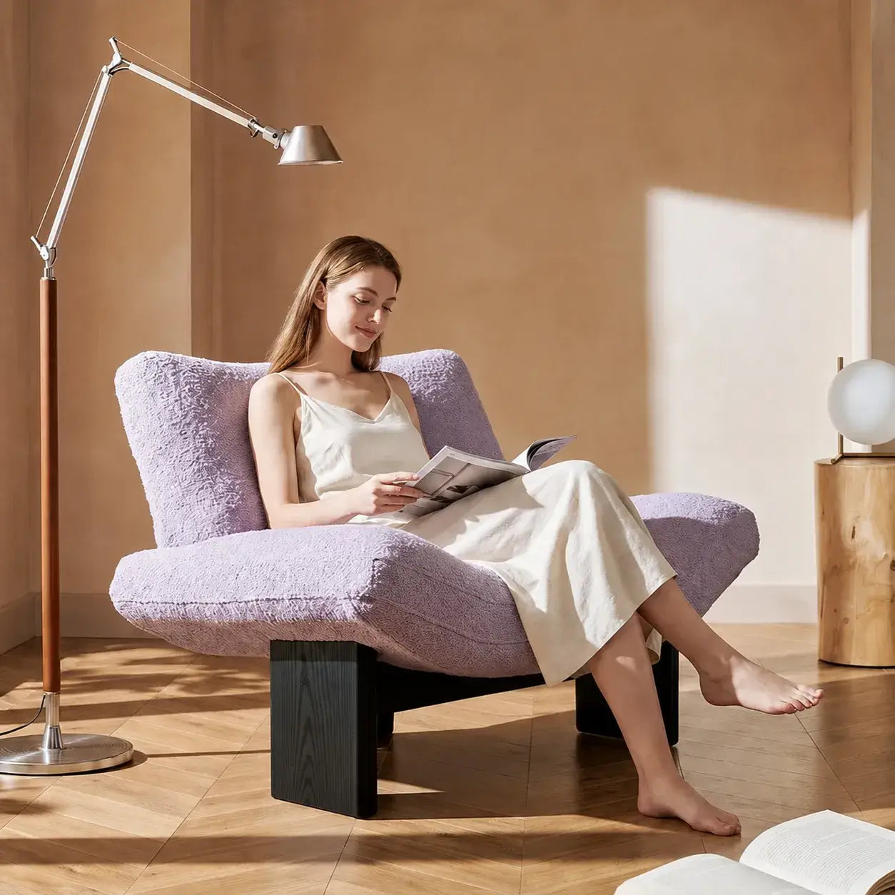 Purple Sculptural Emmi Chair in Teddy Fabric with Ash Wood Frame