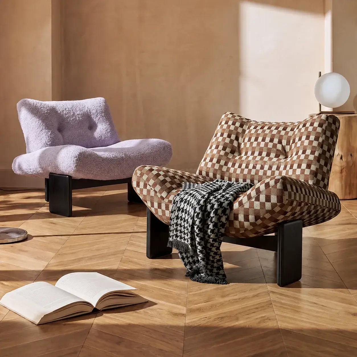 Purple Sculptural Emmi Chair in Teddy Fabric with Ash Wood Frame
