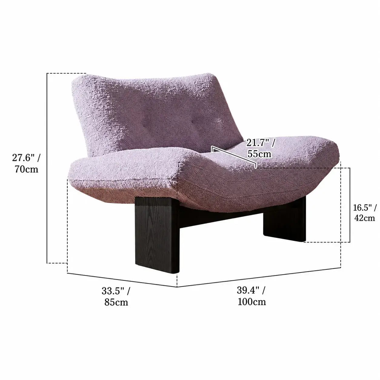 Purple Sculptural Emmi Chair in Teddy Fabric with Ash Wood Frame Dimensions