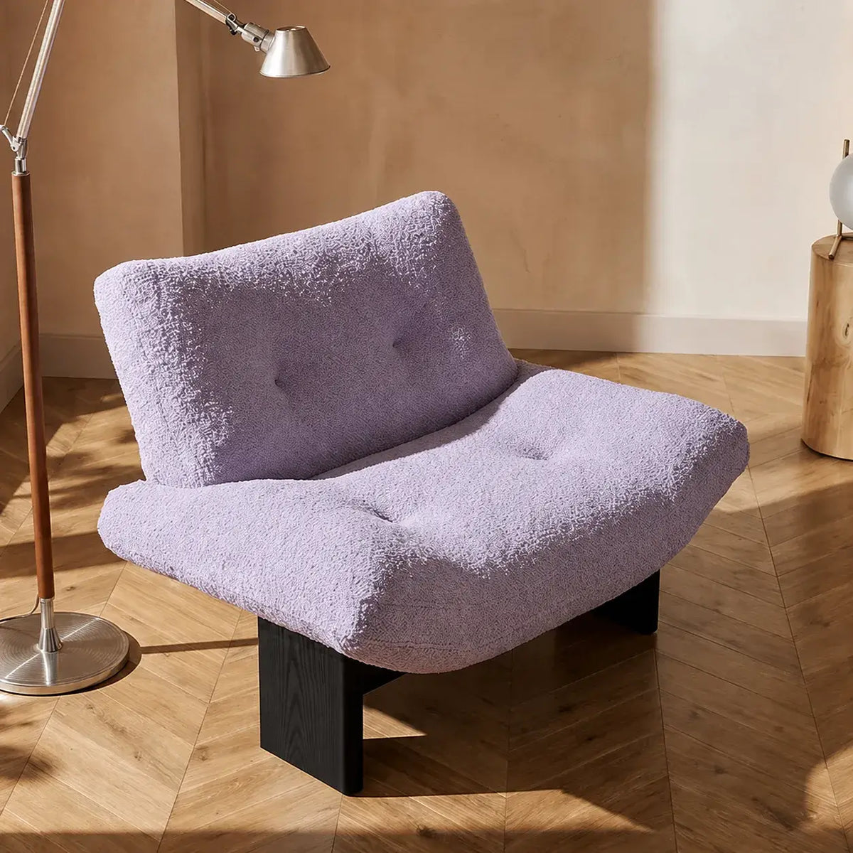 Purple Sculptural Emmi Chair in Teddy Fabric with Ash Wood Frame Main Product Image