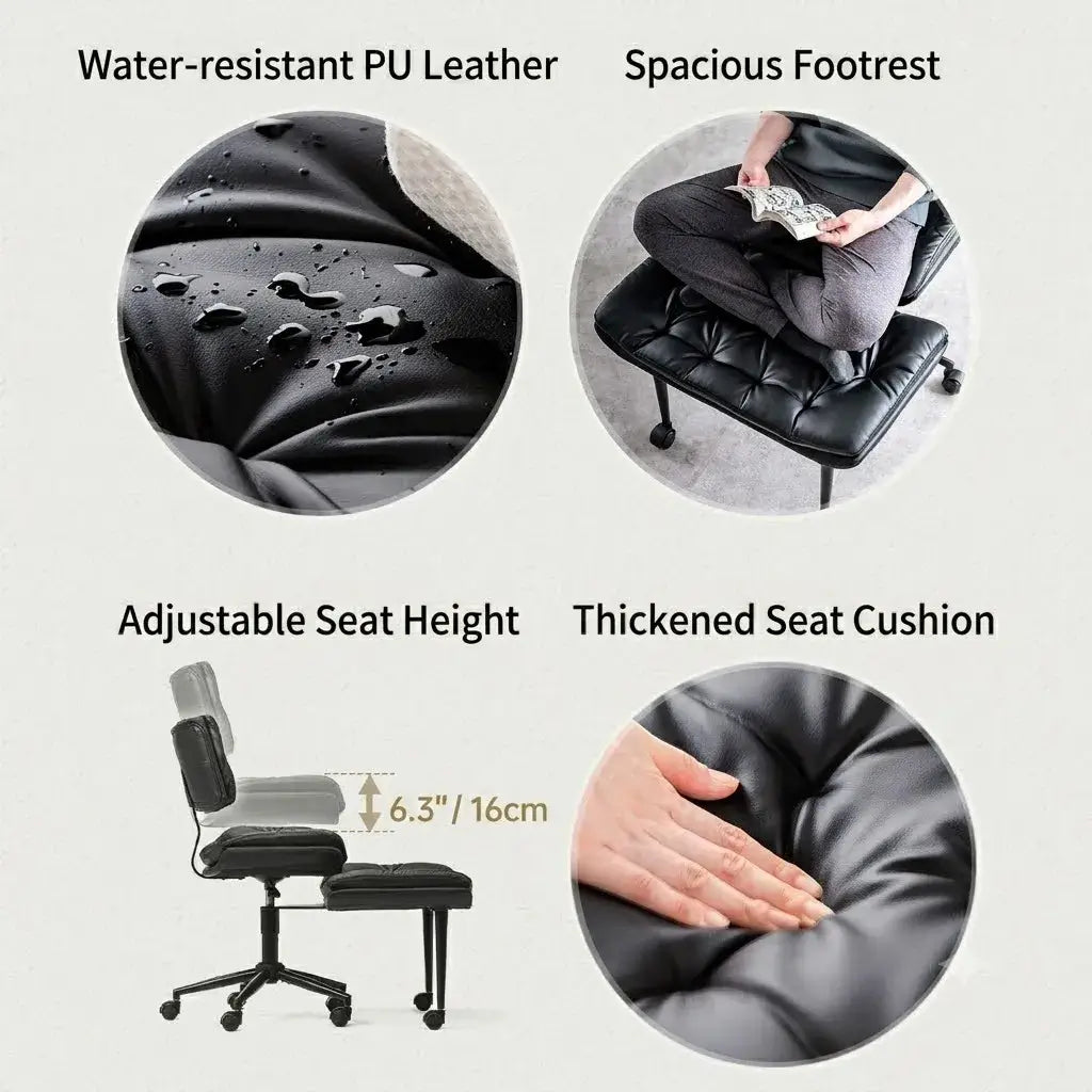Quilted Black PU Meditation Office Chair With Ottoman, Swivel Storage Design