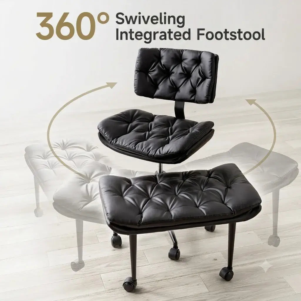 Quilted Black PU Meditation Office Chair With Ottoman, Swivel Storage Design