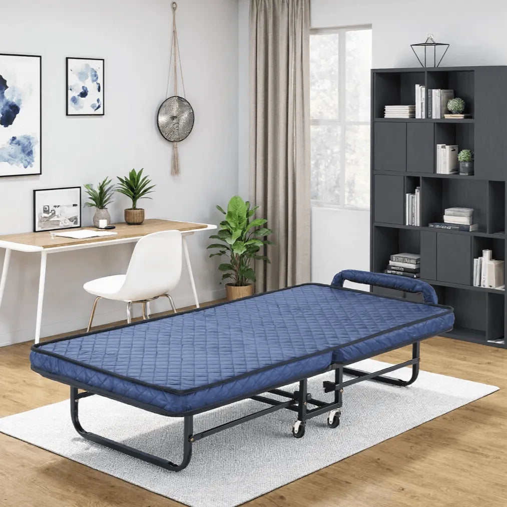Quilted Upholstered Rollaway Bed With Cushioned Armrest, Space-Saving Guest Sleeper