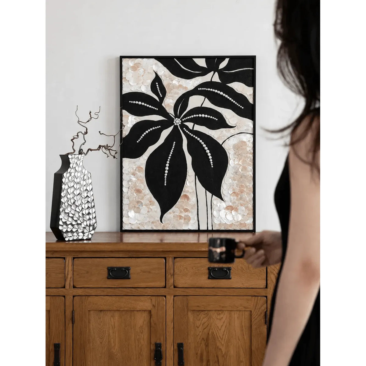 Radiant Floral Mother of Pearl Wall Art with Textured Black Relief