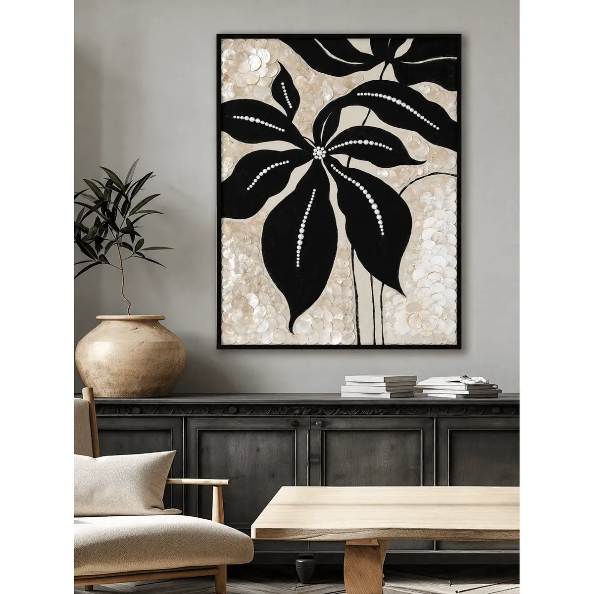 Radiant Floral Mother of Pearl Wall Art with Textured Black Relief