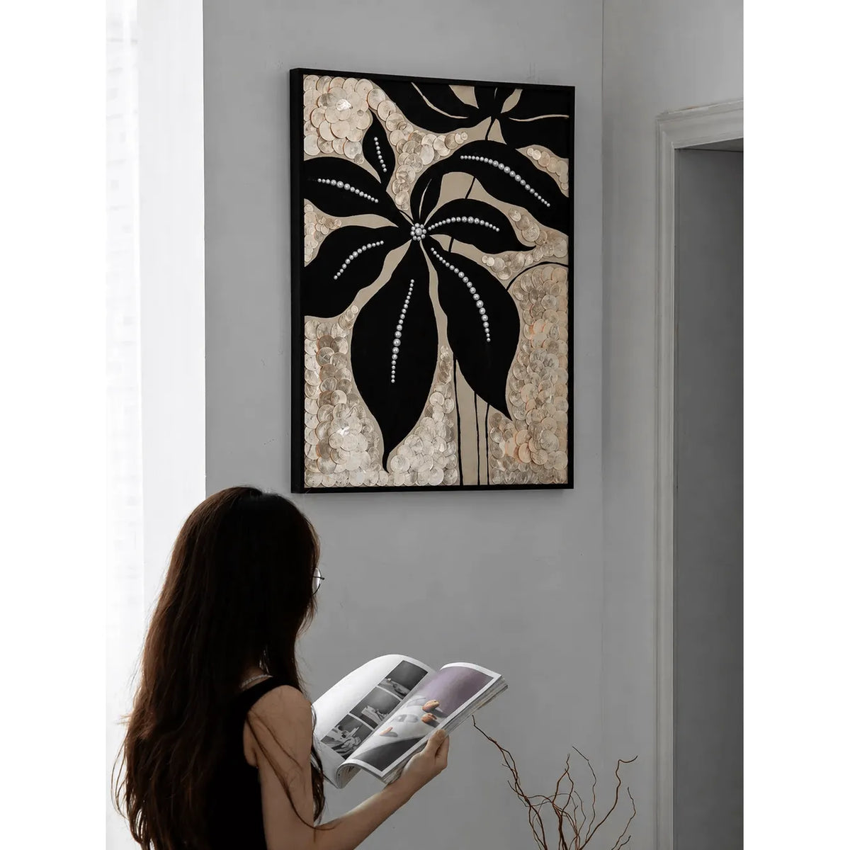 Radiant Floral Mother of Pearl Wall Art with Textured Black Relief