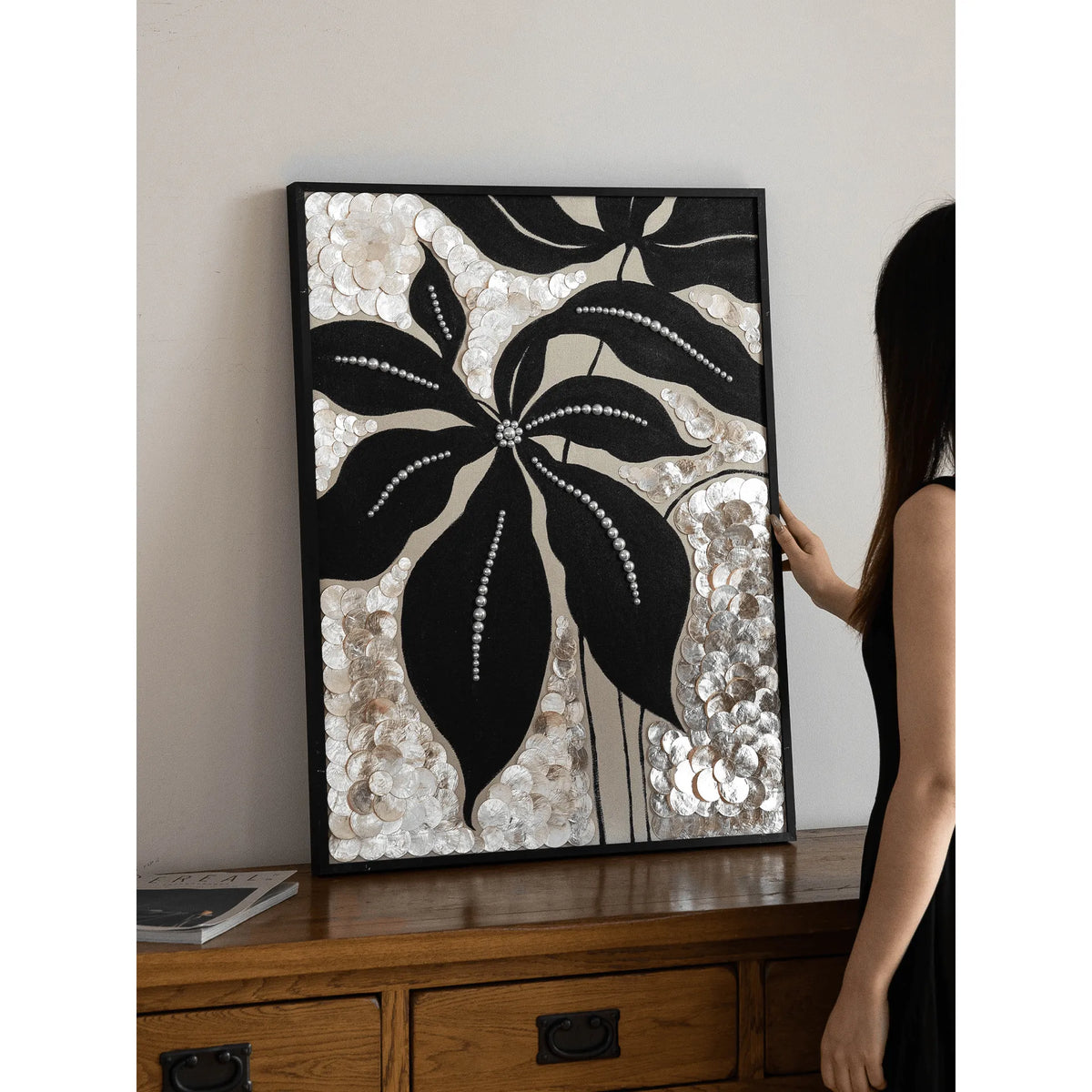 Radiant Floral Mother of Pearl Wall Art with Textured Black Relief Main Product Image