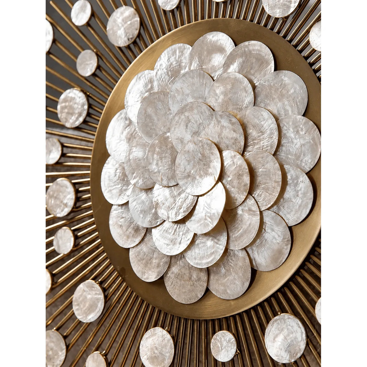 Radiant Mother of Pearl Wall Art in Layered Gold Sunburst Relief