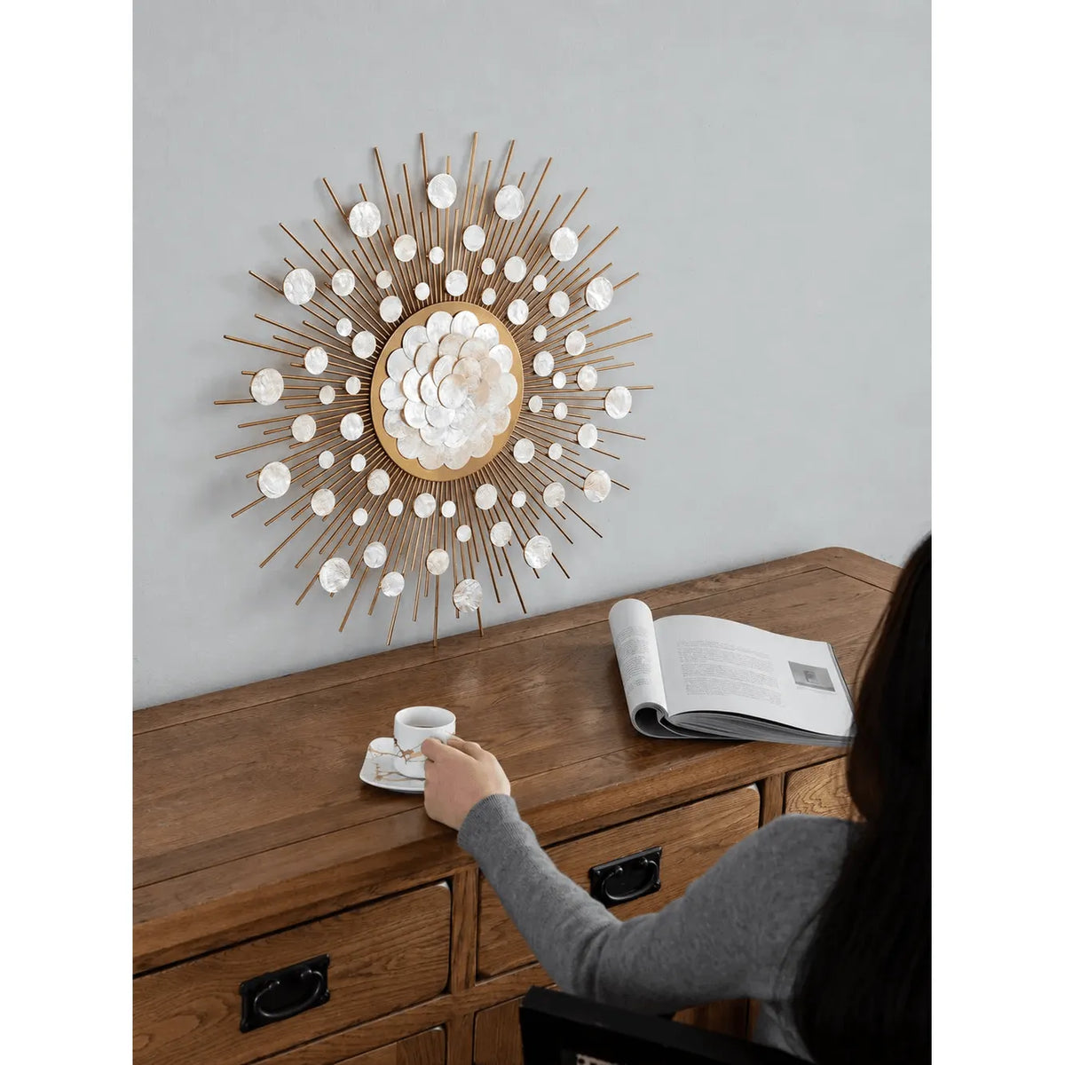 Radiant Mother of Pearl Wall Art in Layered Gold Sunburst Relief
