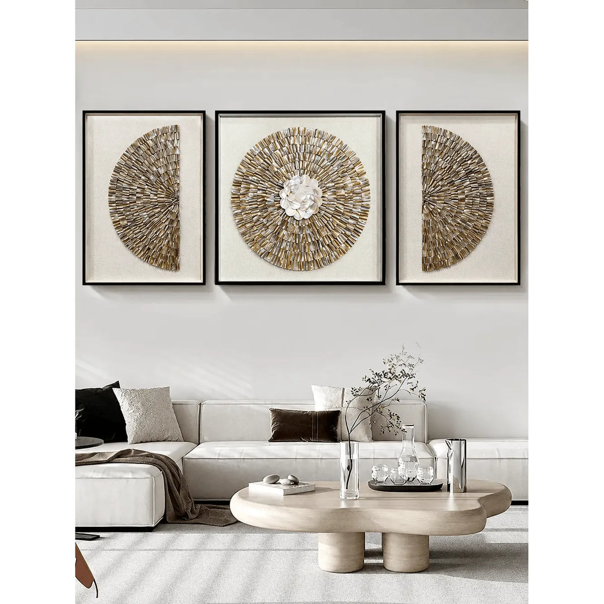 Radiant Peony Mother of Pearl Wall Art, Sculpted Relief Single or Triptych