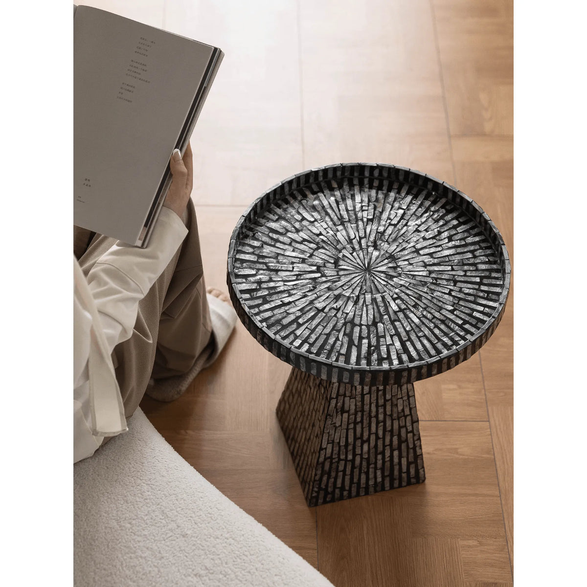 Radiating Shell Inlay Mother of Pearl Side Table with Sculptural Pedestal