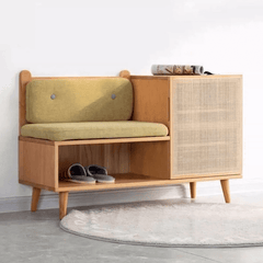 Rattan Shoe Storage Bench - Upholstered, Natural/Walnut