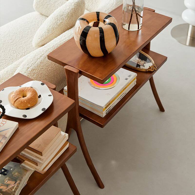 Rectangular Oak Side Table With Layered Shelf - Brown